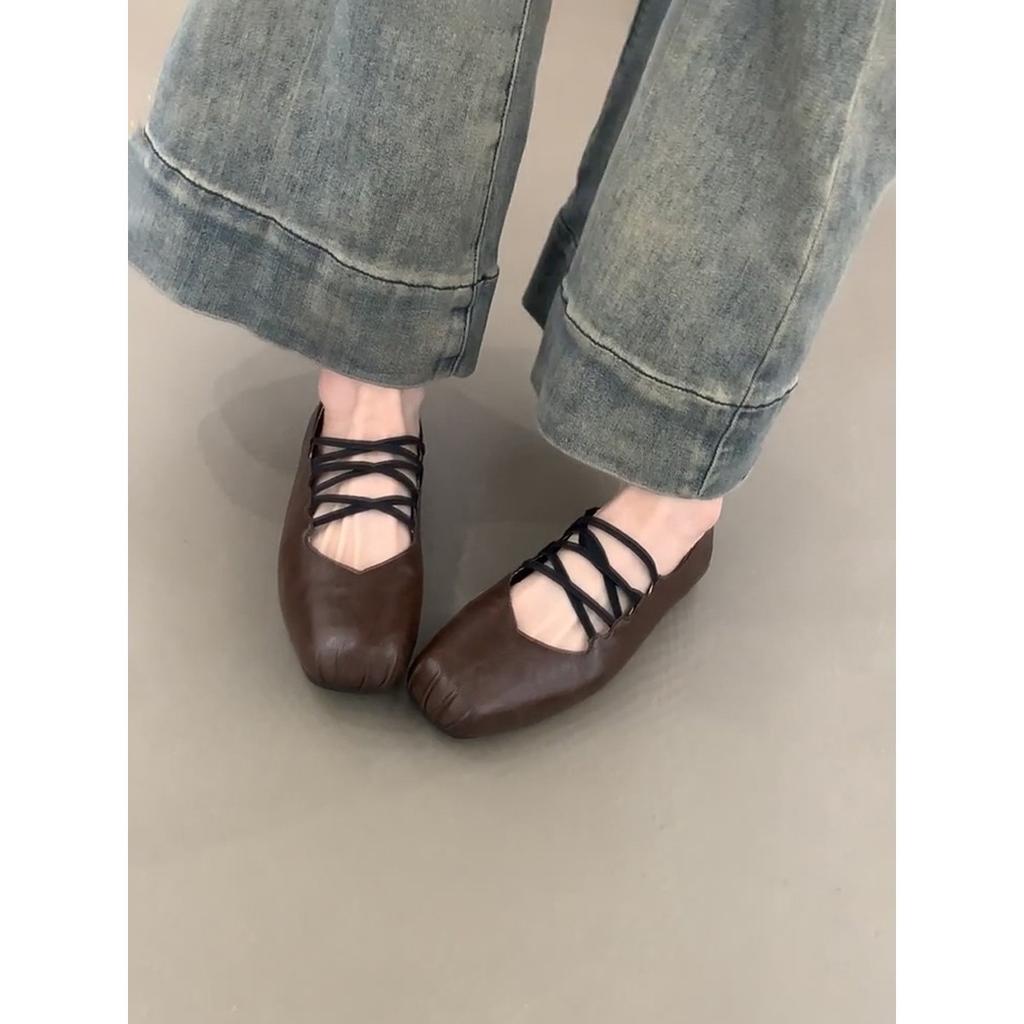Vintage Cross-strap Flats Square Head Pig Nose Ballet Shoes Women's 2025 New Shallow Mouth Mary Jane Single Shoes