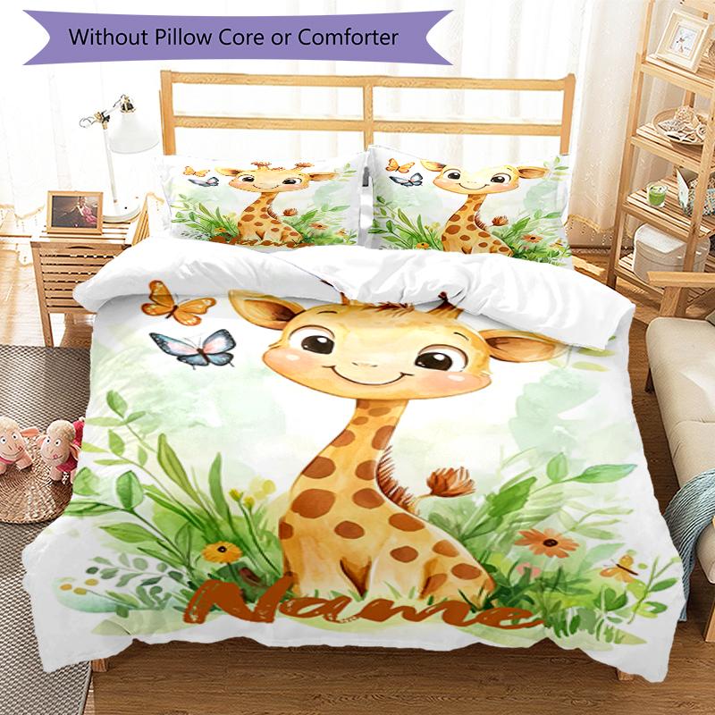 3pcs Custom Name Giraffe Bedding Set Duvet Cover Closure Includes 1 Duvet Cover & 2 Pillowcases, Soft and Comfortable for All Seasons.