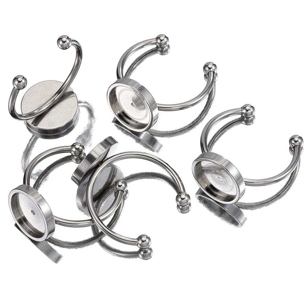 No Fade 5pcs Stainless Steel Adjustable Open Ring Base Cabochon Cameo Blank Settings Glass Bezel Jewelry Making Accessories