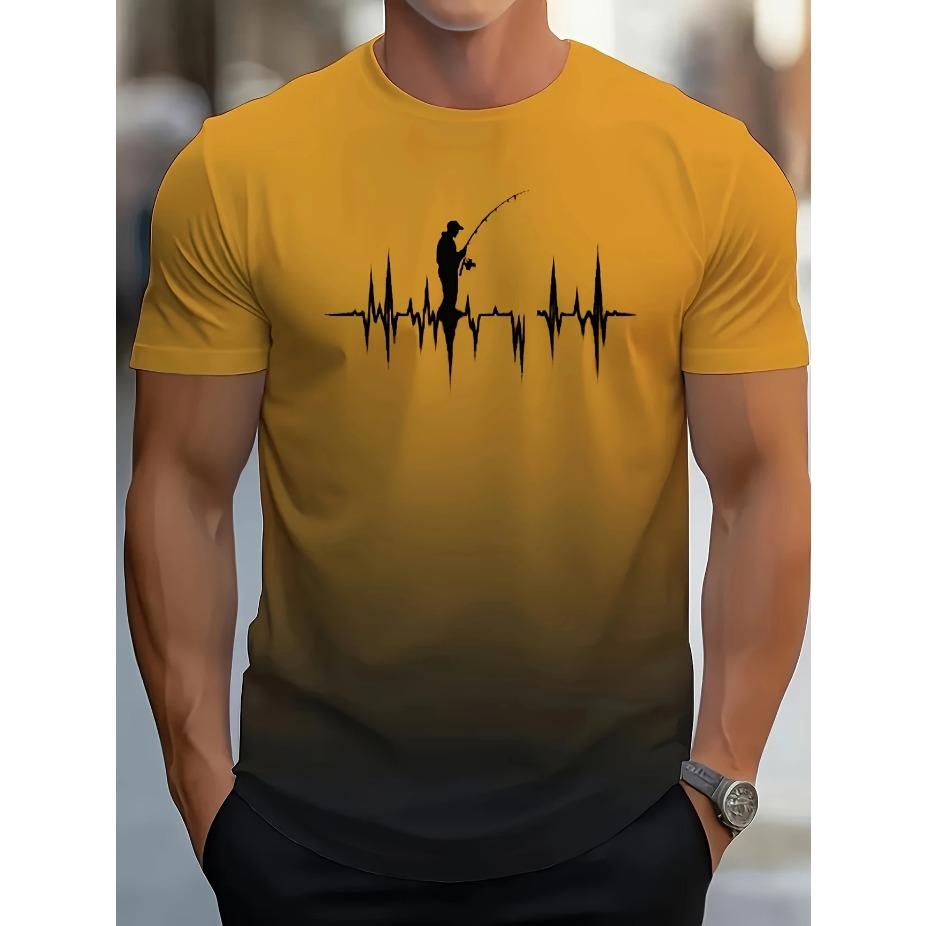 Яркий стиль| Футболка с градиентным рыболовным принтом для мужчин больших и высоких размеров - Повседневная полиэстеровая футболка с коротким рукавом, Летний принт с рыболовной экипировкой и сердцебиением, БОЛЬШОЙ РАЗМЕР