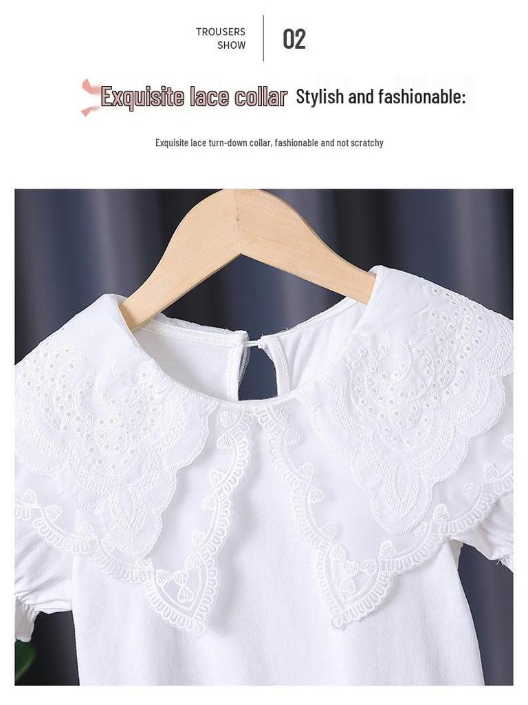 Премиальная хлопковая футболка с белым кружевным воротником для девочек - Летняя с коротким рукавом для детей