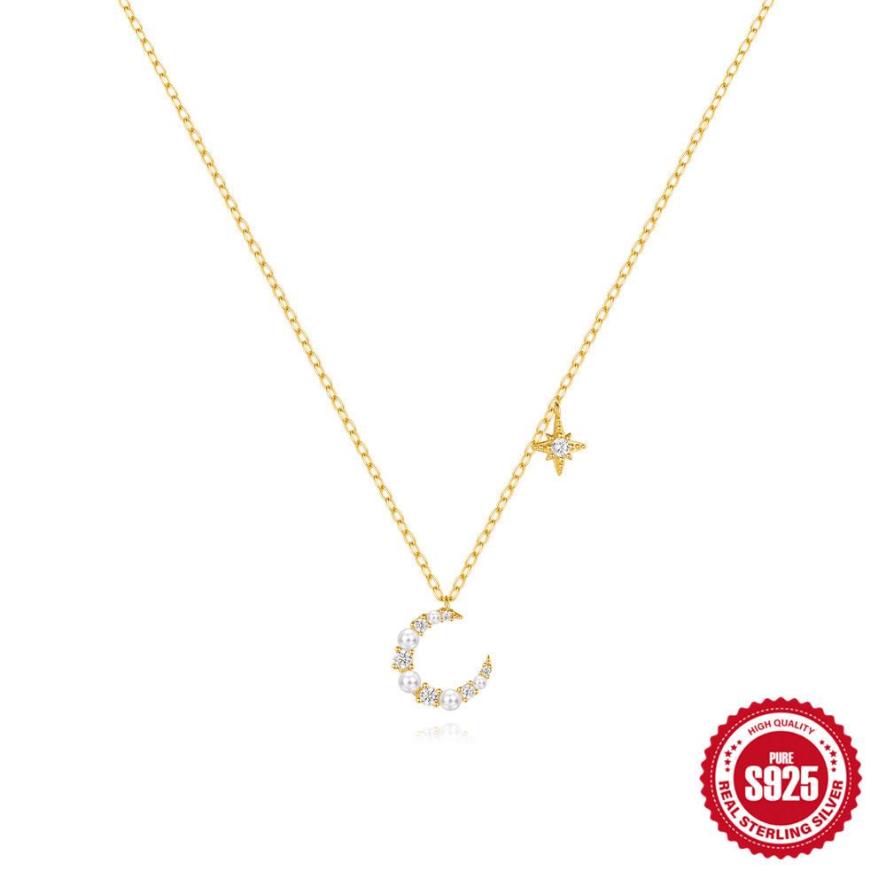 S925 Sterling Silver Flash Diamond Irregular Crescent Moon Temperament Moon Necklace Collarbone Chain Versatile Gift Woman