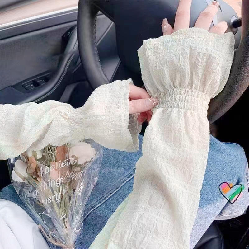 Summer Women's Ice Silk Sun Protection Arm Sleeves Elegant Pleated Bubble  Anti-UV Gloves Cooling Sleeves for Outdoor Driving Cycling