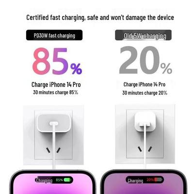 Быстрое зарядное устройство 30 Вт для iPhone 14 с оригинальным кабелем Apple PD, совместимо с iPhone 13, 15 и 16.