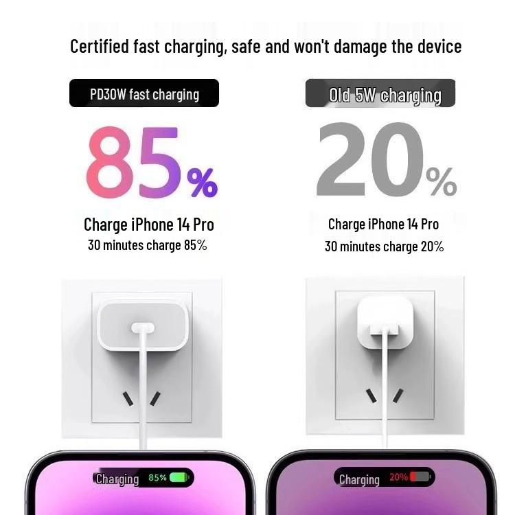 Быстрое зарядное устройство 30 Вт для iPhone 14 с оригинальным кабелем Apple PD, совместимо с iPhone 13, 15 и 16.