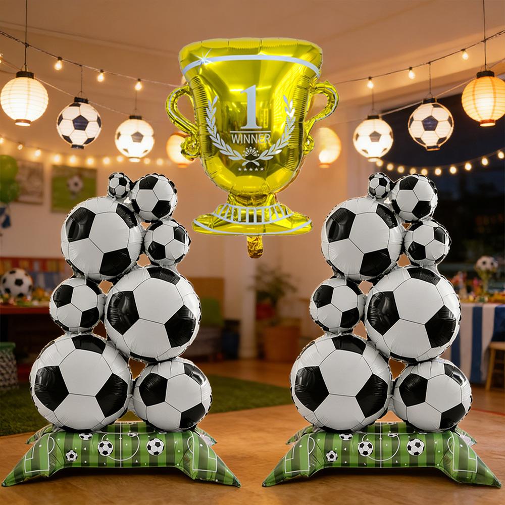3Pcs Soccer Theme Foil Balloon Set, Giant Standing Football Stack & Golden Champion Trophy Mylar Balloons, Aesthetic Sports Even