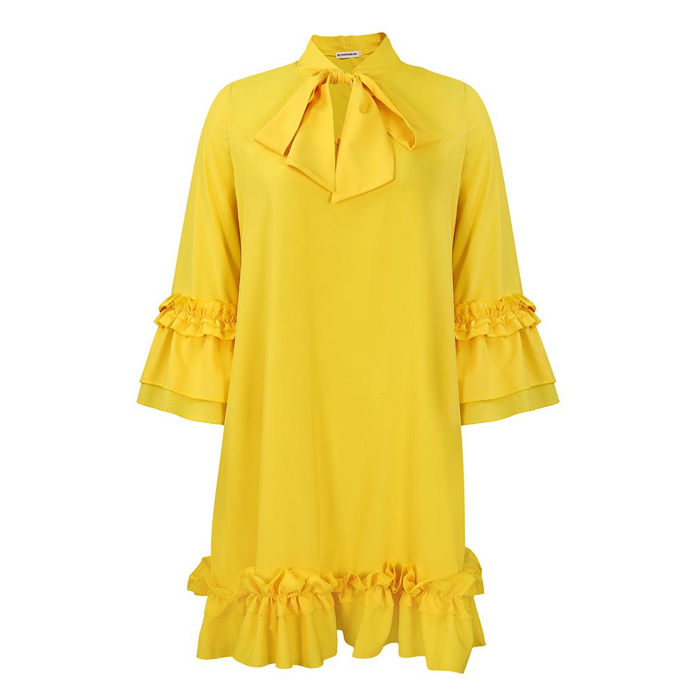 C8570 European & American Plus Size Women's 2024 Ruffle Tie Dress with Stacked Sleeves - Solid Color, Elegant Style.