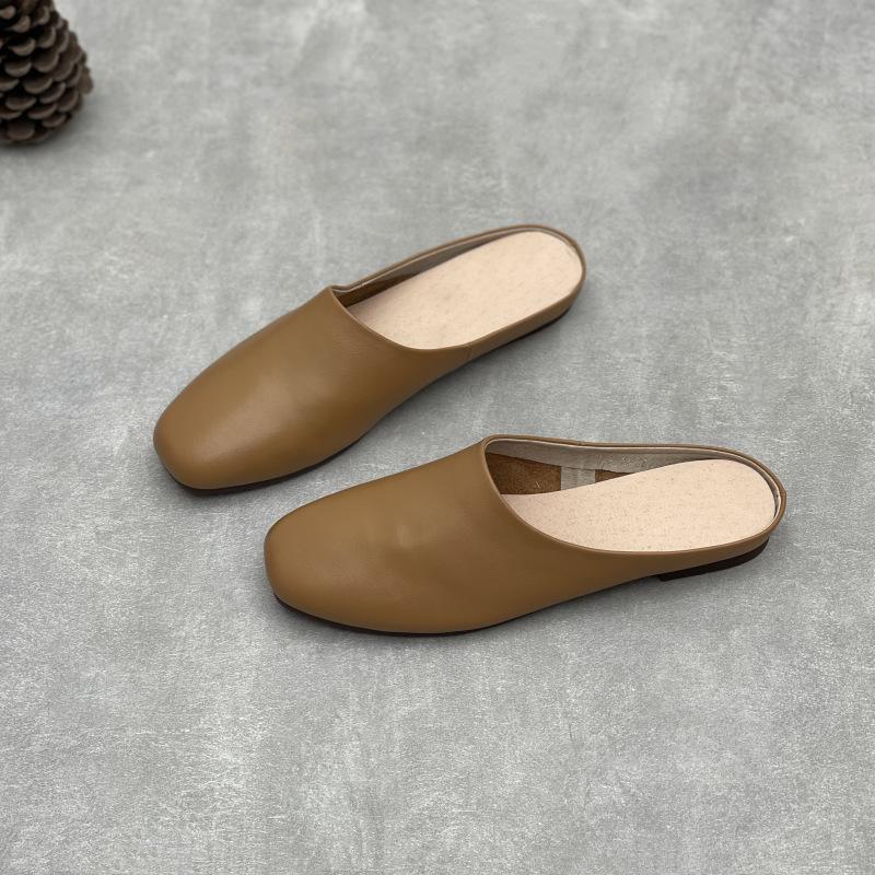 Johnature Женские тапочки из натуральной кожи, ручная работа, однотонные, мягкие, из воловьей кожи, плоские, для отдыха на открытом воздухе