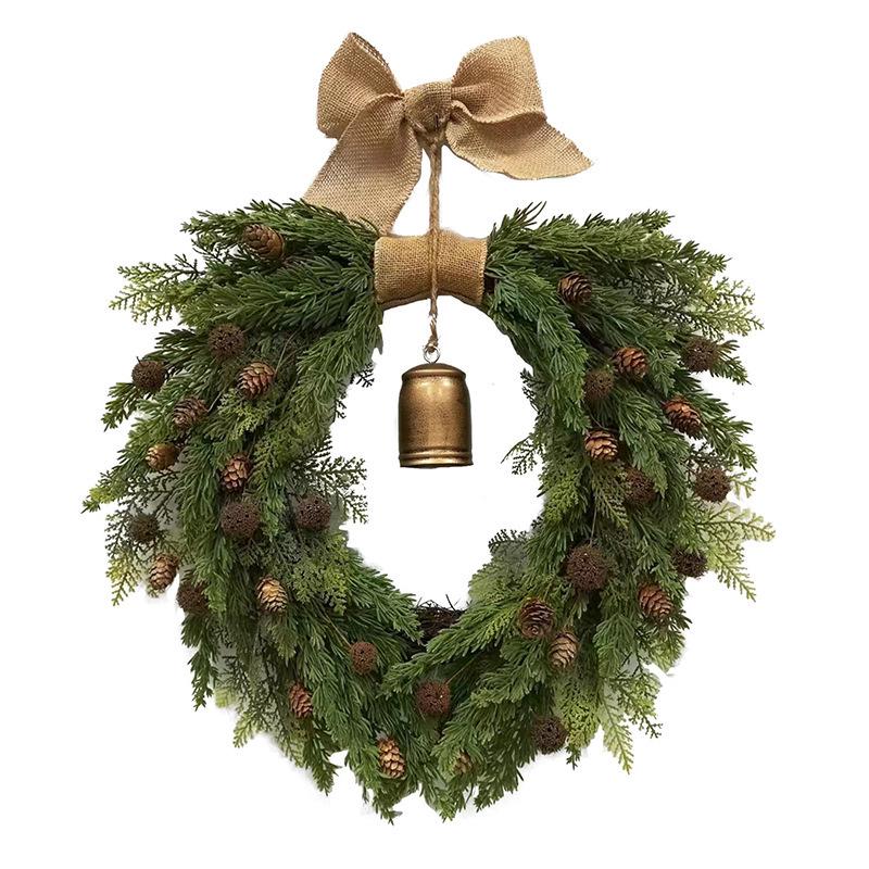 Cross-border Christmas Wreath with Linen Bow and Bells - Natural Materials Home Decoration
