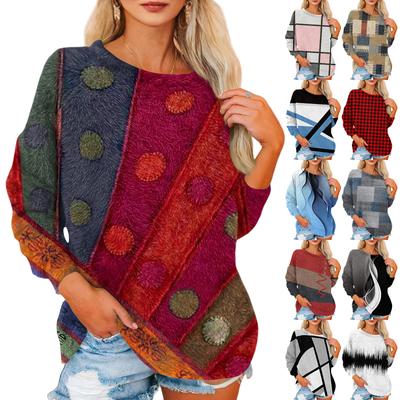 Женская футболка Фланелевый принт Туника Длинный рукав Вечеринка Круглый вырез Топы