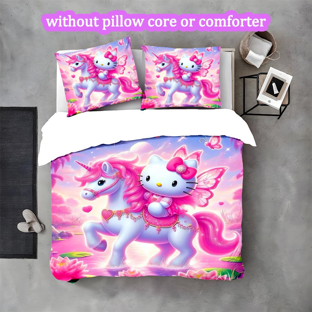 3pcs Hello Kitty Duvet Cover Set, Home Printed Bedding Set, Breathable and Cozy Bedclothes Suitable For Festival Decor