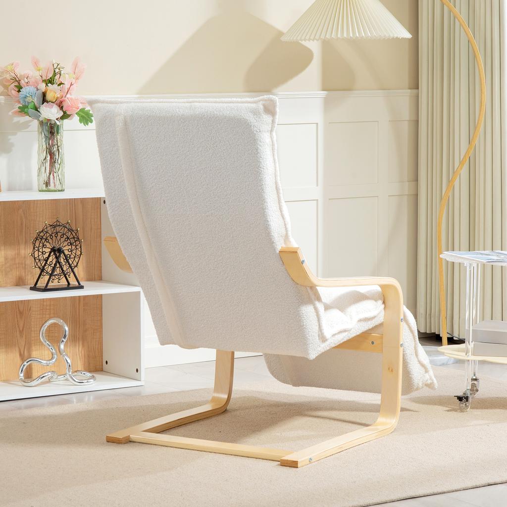 Lounge Chair Made of Birch Wood, Upholstered Armchair, Adjustable Footrest, White