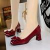Fashion French Style Patent Leather Bow With Medium Heel Square Toe Shallow Mouth Thick Heel Single Shoes Women Comfortable Versatile