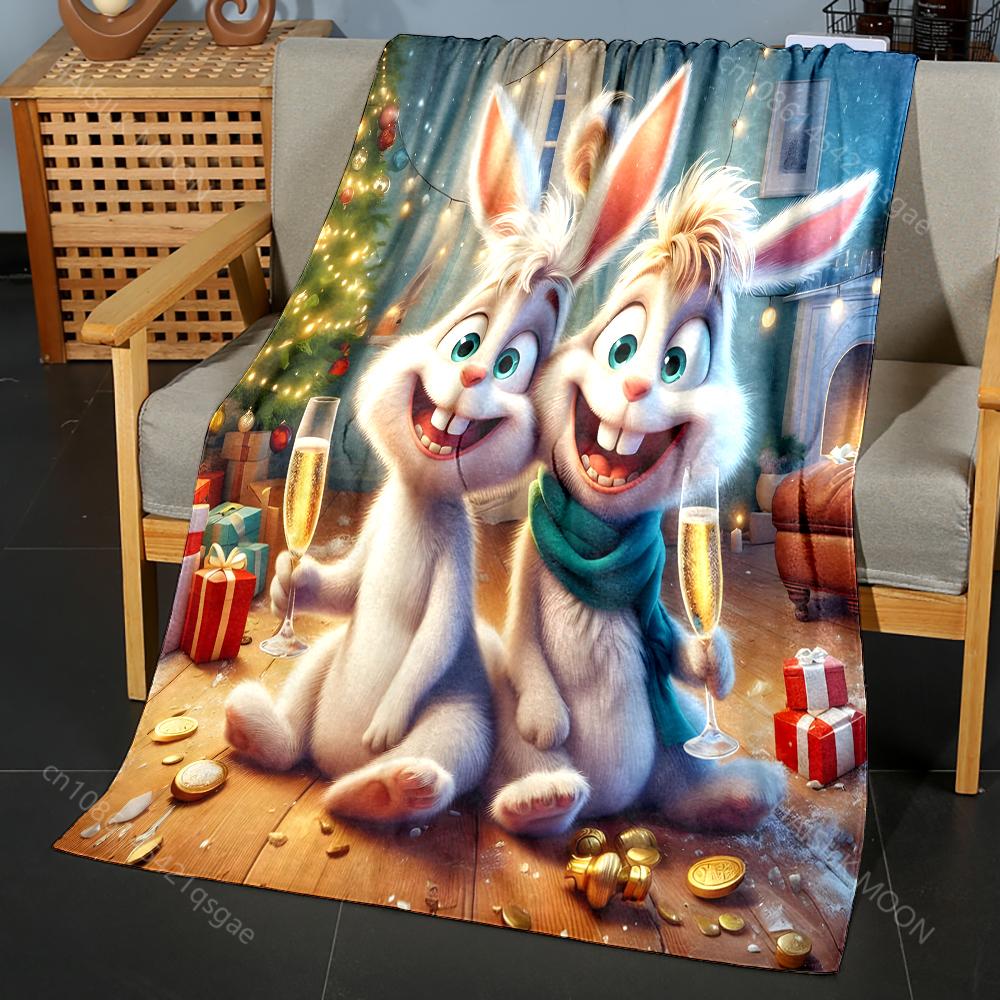 Festive Rabbits with Holiday Decor Pattern Blanket Flannel Material Soft Warm for All Seasons Home Outdoor Camping Picnics RV