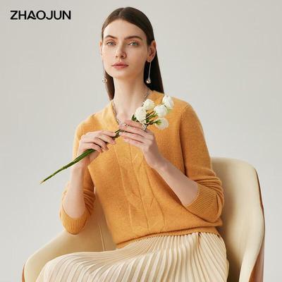 Женский кашемировый свитер Zhaojun с V-образным вырезом и кабельным узором