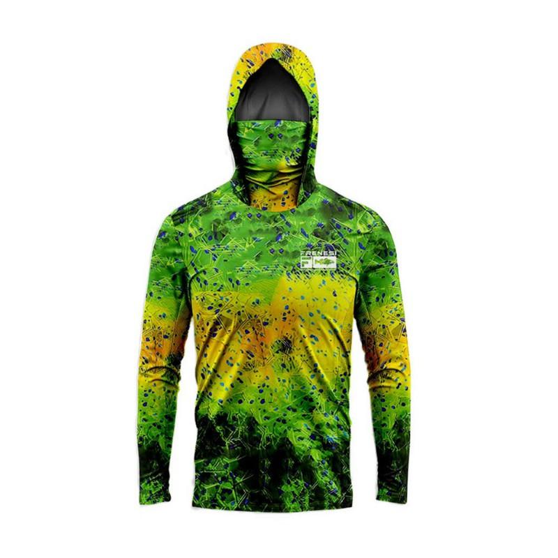 Mens Quick-Dry UV Protection Fishing Hoodie With Face Cover Long Sleeve Camo Outdoor Sport Shirt Hiking Camping
