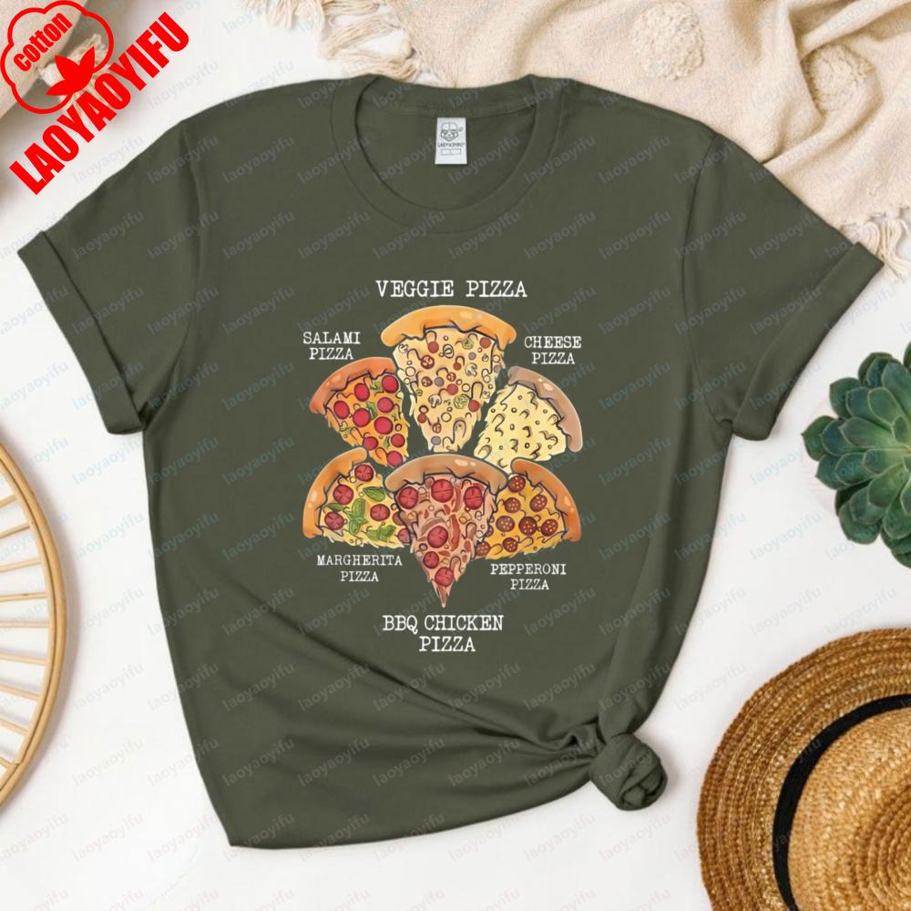 Funny Pizza Flavors Tshirt Six Pizza Types Graphic Casual Cotton Tee Daily Wear Pizza Lover Vintage Fashion Streetwear for Women