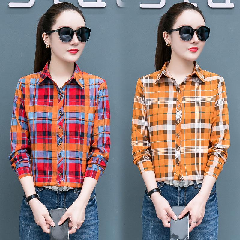 Клетчатая рубашка для женщин, сто женщин, топы, свободная ретро рубашка с длинным рукавом с гонконгским вкусом