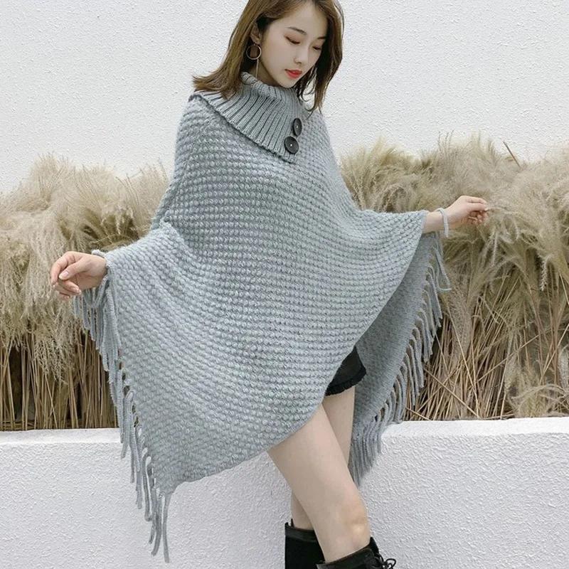 Turtleneck Pullovers Tassel Knitwears Women Tops Casual Loose Knitted Sweater Women Korean Fashion Woman Cape Long Shawl Solid Winter Clothes 28271