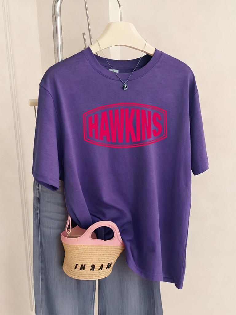 Hawkins Letter Logo Prints TShirts Women Summer Loose Short Sleeve Tops Soft ONeck T Shirts Basics Comfortable Womans Clothes