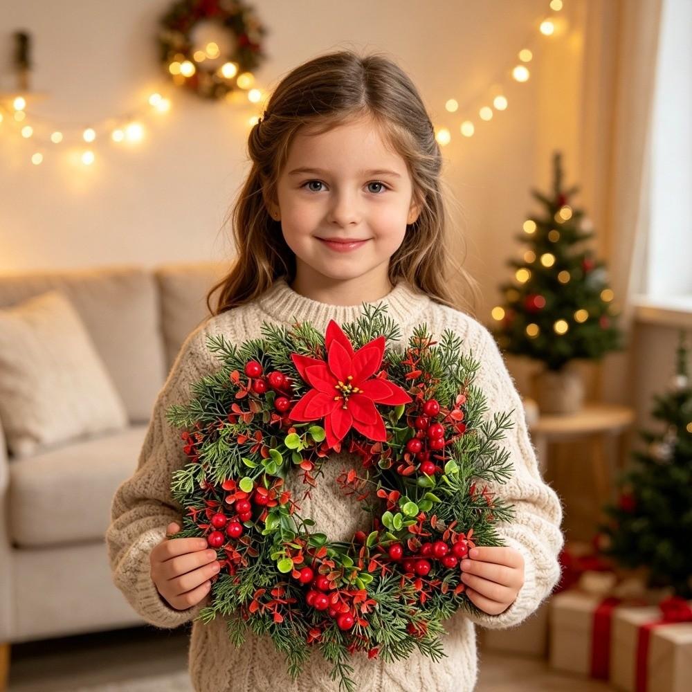 Red Berries Christmas Door Wreath Bowknot Faux Greenery Wreath Artificial Holiday Wreath Door