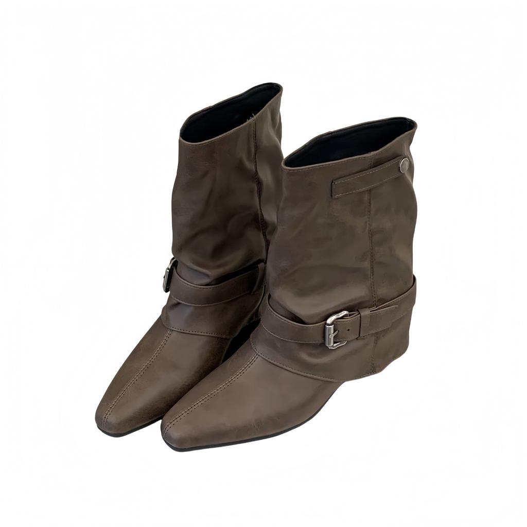 Autumn and winter new European and American retro inner heightening square head western boots women's belt buckle trouser tube boots