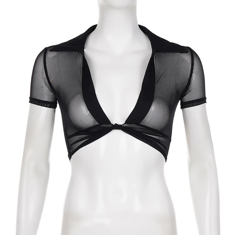 Сексуальная сетчатая футболка европейского стиля с V-образным вырезом и короткими рукавами - Женская летняя облегающая однотонная накидка с перекрутом