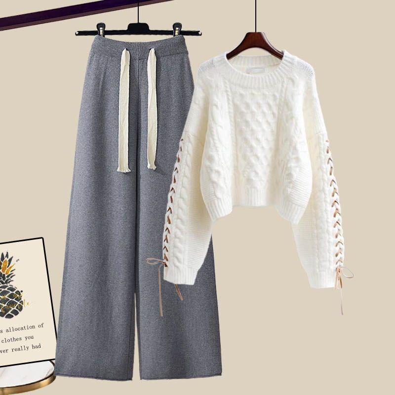 Plus-Size Women's Fashionable Knitted Sweater and Casual Pants Two-Piece Set for Autumn and Winter