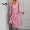 Women's Long Sleeve Maxi Dress Casual A-line Swing Flowy Tiered Long Dress Summer V Neck Lace Up Beach Sundress