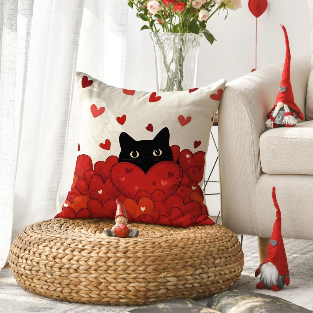 AVOIN colorlife Valentine's Day Black Cat Throw Pillow Cover, 18 x 18 Inch Red Love Heart Anniversary Wedding Cushion Case Decoration for Sofa Couch