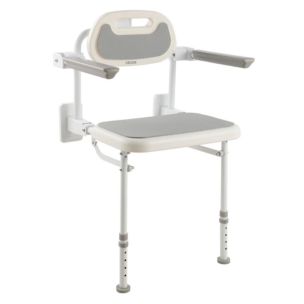 Foldable Shower Chair Wall Mounted, 457mm Folding Shower Seat with Backrest, Armrest & Adjustable Legs, HDPE Fold-Down Bathroom Chair Stainless Steel