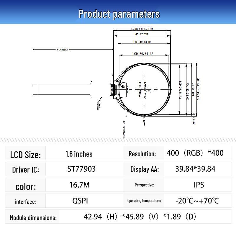 1.6-inch TFT LCD Display, Full Viewing Angle, 400x400, MIPI/QSPI Interface, Industrial Color Screen