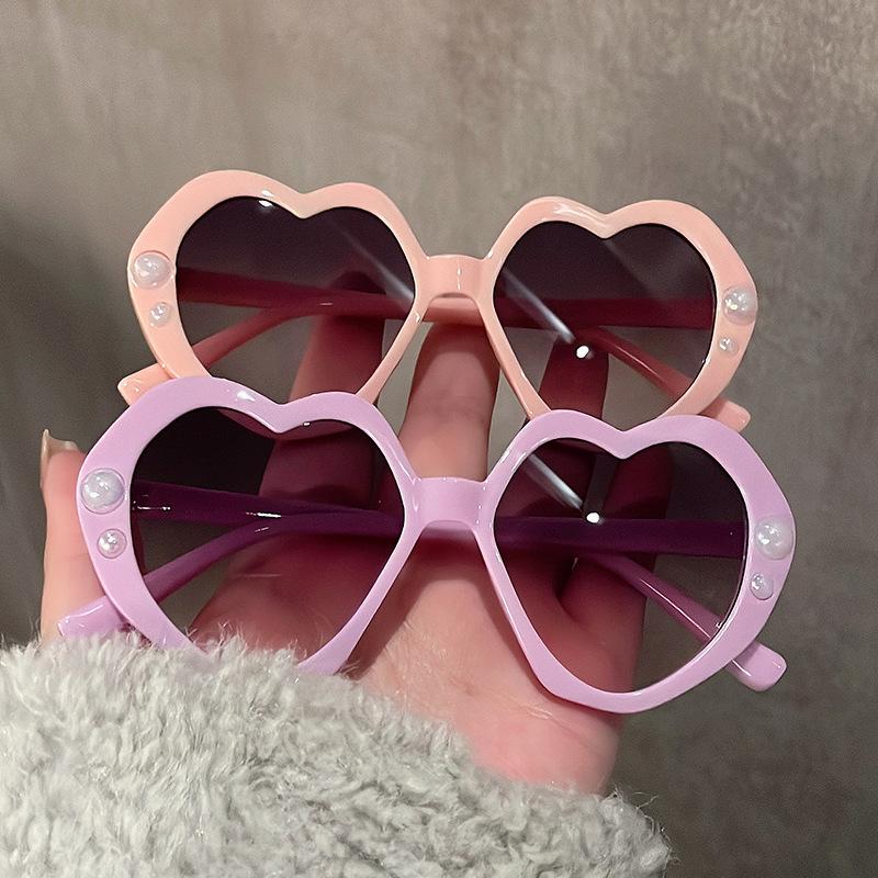 Classic Pearl Heart Childrens Sunglasse For Girls Red Plastic Pink Mirror Glasses Vintage Anti-Reflective Sun Glasses Uv400