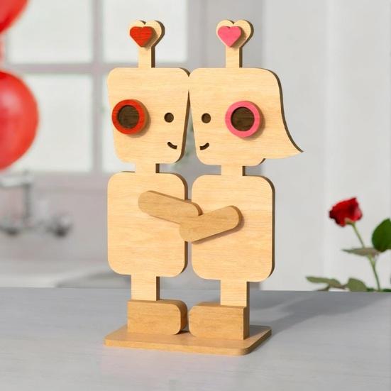 Valentine's Day Wooden Man Ornament Handmade Farmhouse Rustic Couple Robot Figurine Table Sign Home Office Desktop Decoration