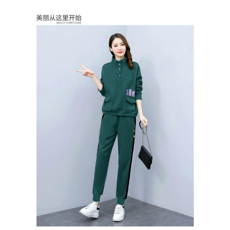 Women Fleece Thickened High Neck Contrast Color Casual Sports Two Piece Clothing Set