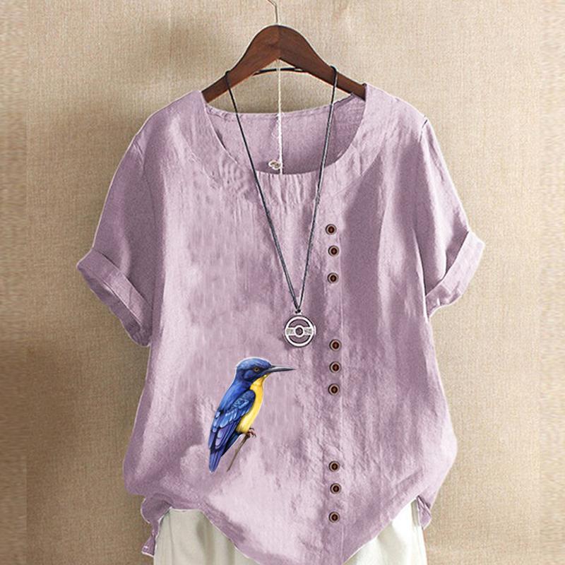 Women's Fashion Bird Prined Round Neck Short Sleeve T-shirt Casual Cotton Linen Graphic Shirt Leisure Loose Summer Blouse Tops