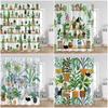 Green Potted Plants Shower Curtains Cartoon Cats Hanging Tropical Leaves Decorations For Bath Polyester Fabric Bathroom Curtain