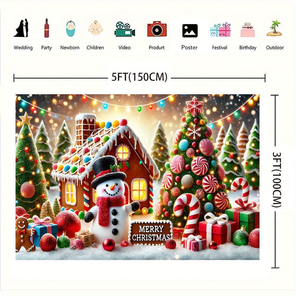 1pc 2D flat Christmas background cloth including gingerbread house candy cane Christmas tree and snowman