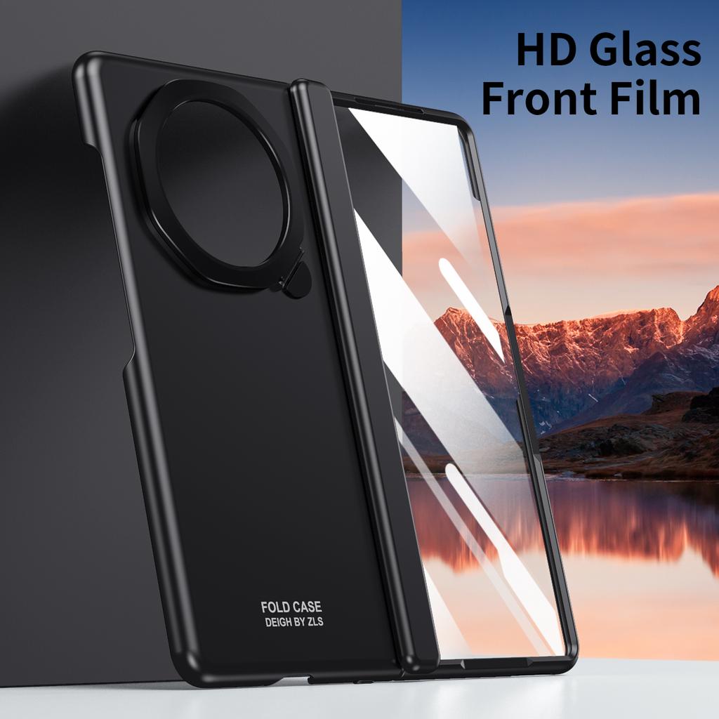 Luxury Business Frosted Plating Hinge Folding Holder Case for Honor Magic V3 Black Gray Ring Bracket and HD Glass Film Front Shockproof Protect Cover
