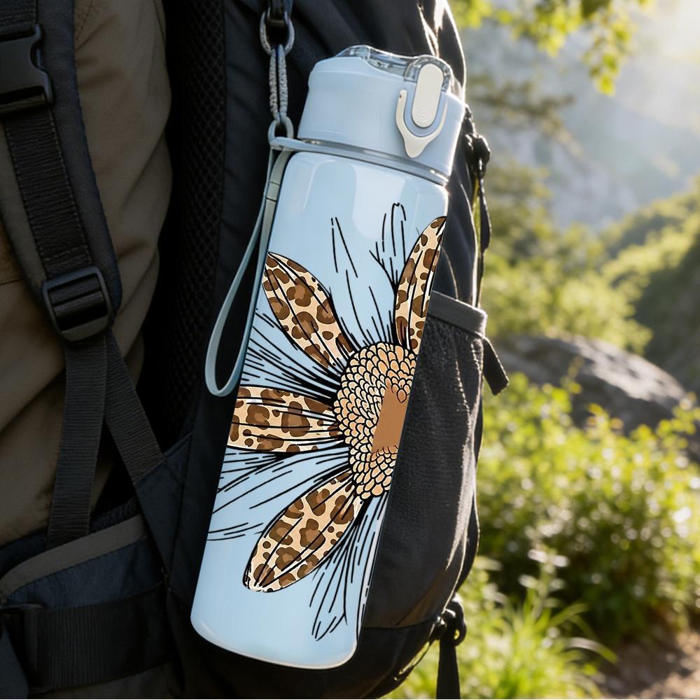 1PC Leopard Sunflower 750ml Color Plastic Sports Water Bottle Leakproof Flip Straw Lid Suitable for Sports Office Home Use