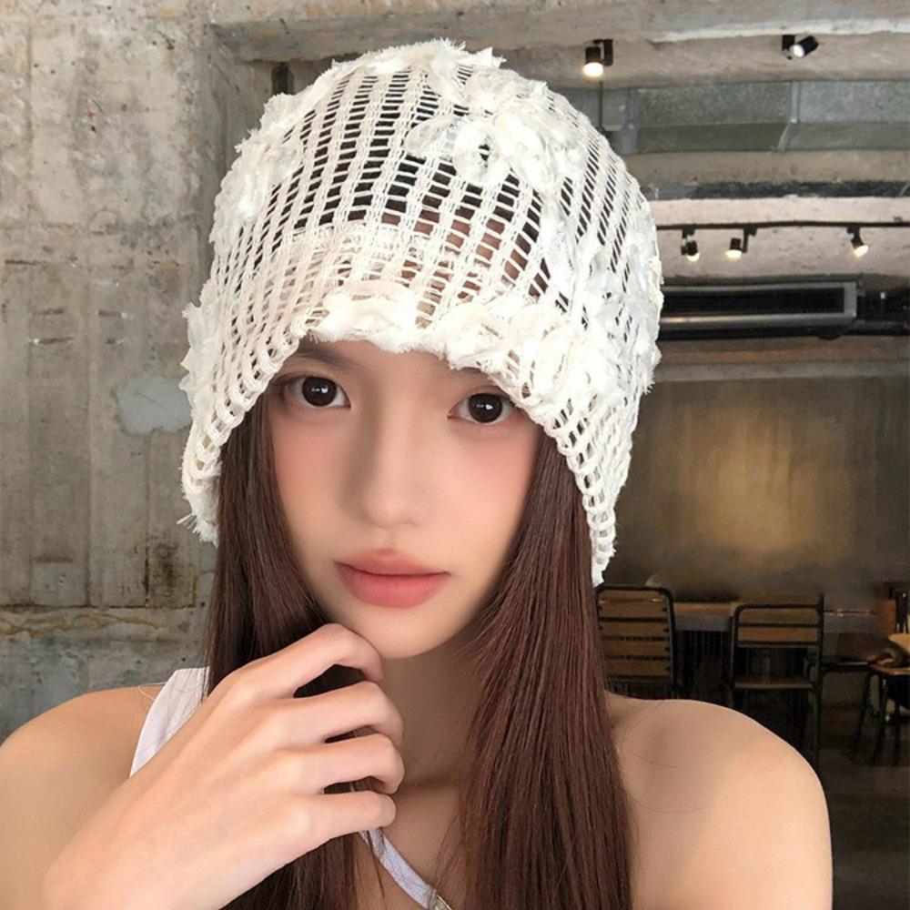 Cute Crochet Flower Hat Handmade Flower Knitted Hat Casual Weave Cap  Outdoor