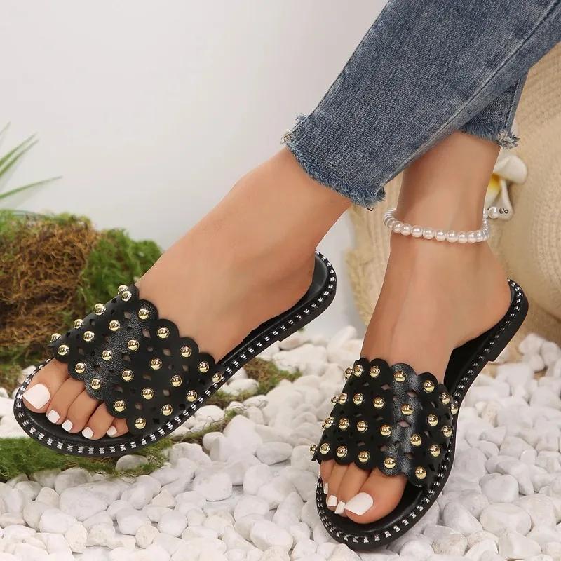 Women's Slippers 2024 Summer New Women Pearl Rhinestones All-match Casual Sandals Solid Flat Slides Shoes for Women Slippers