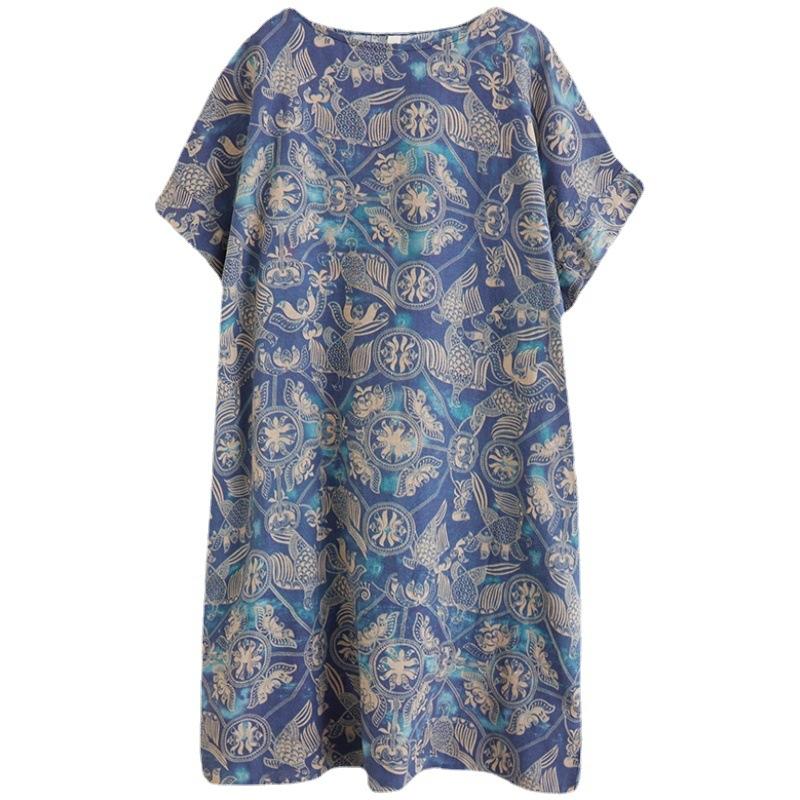 Летнее свободное художественное ретро-принтованное хлопковое льняное платье с короткими рукавами для женщин, прикрывающее тело, демонстрирующее худобу, повседневные платья