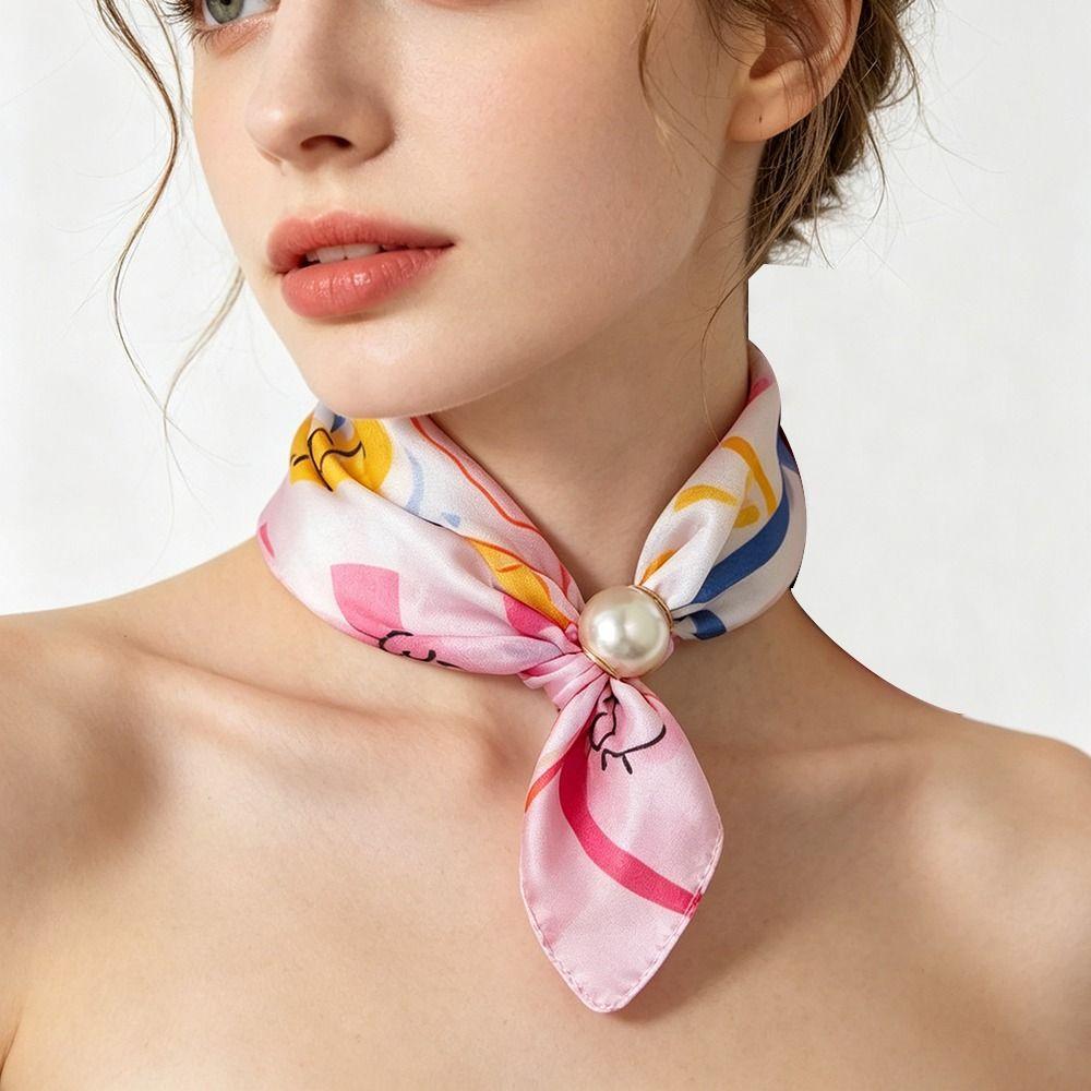 Lightweight Silk Scarf Breathable Printed Neck Scarf Accessory Pearl Buckle Scarf Female