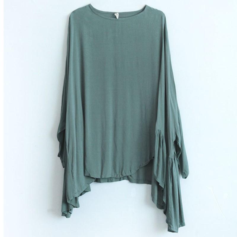 Johnature Women Irregular Vintage Summer T-Shirts O-Neck Long Sleeve Cotton Blend Solid Color Tees Soft Women T-Shirts