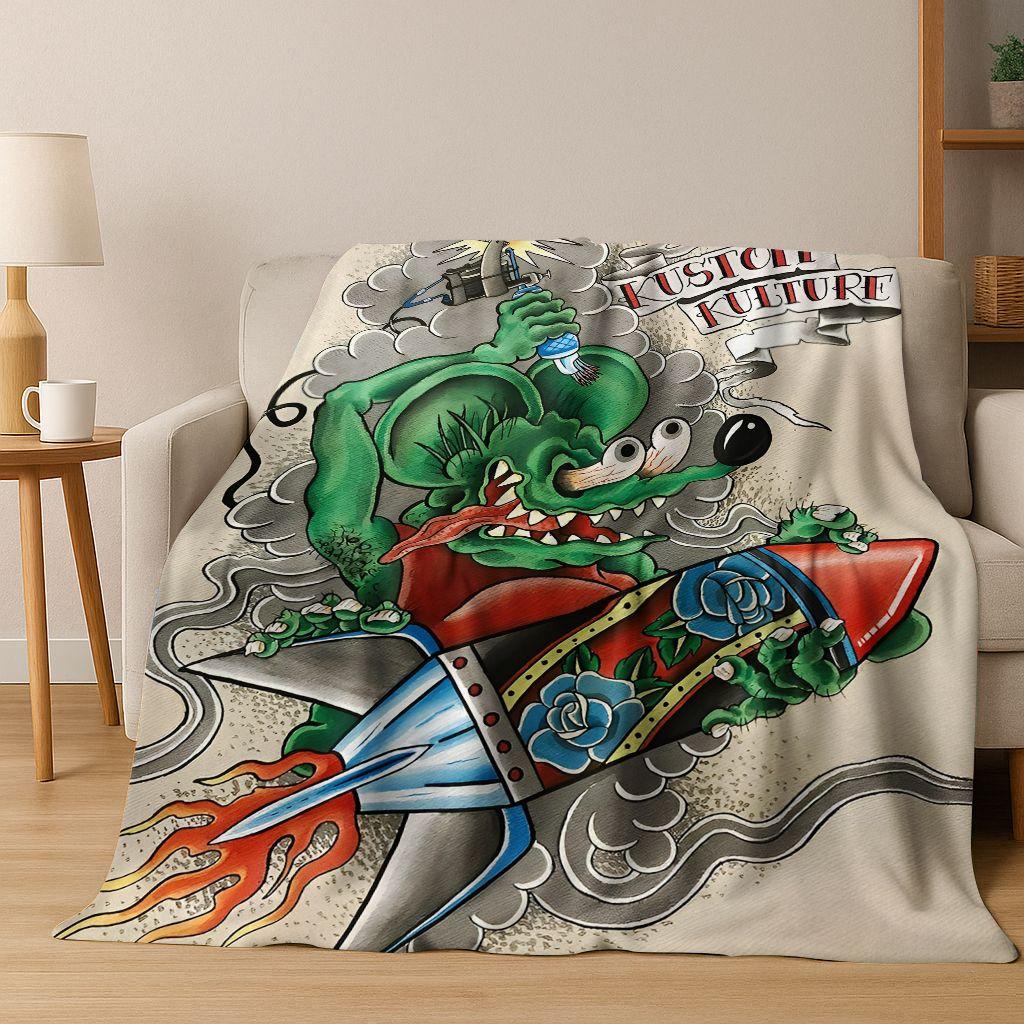 3D Бунтарский RAT FINK Автомобильный Знак Мультяшное Фланелевое Одеяло, Теплое и Уютное Мягкое Плед для Дома Спальни Кровати Дивана Покрывало для Пикника