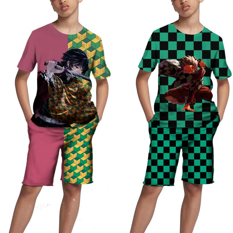 Детские топы/брюки/костюм с 3D принтом японского аниме «Убийца демонов» для девочек Kimetsu No Yaiba Tomioka Giyuu, комплект футболок и шорт с мультяшным рисунком