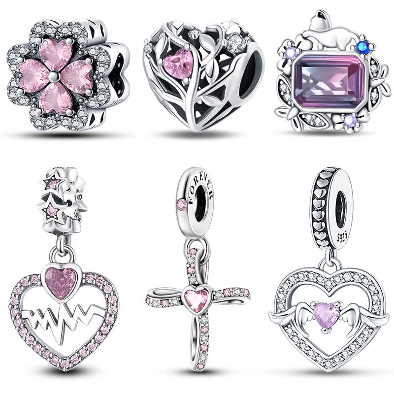 925 стерлингового серебра розового циркония бусины сердцебиение шармы подходят 925 оригинальные браслеты DIY ювелирные украшения подарки на день святого валентина