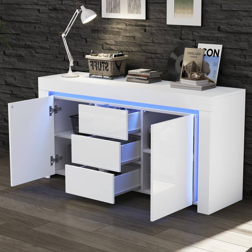 140*40*65cm Living Room Cabinet, Modern Chest of Drawers with 3 Drawers, 2 Doors, High Gloss Cabinet with LED Light Strip, Sideboard, White