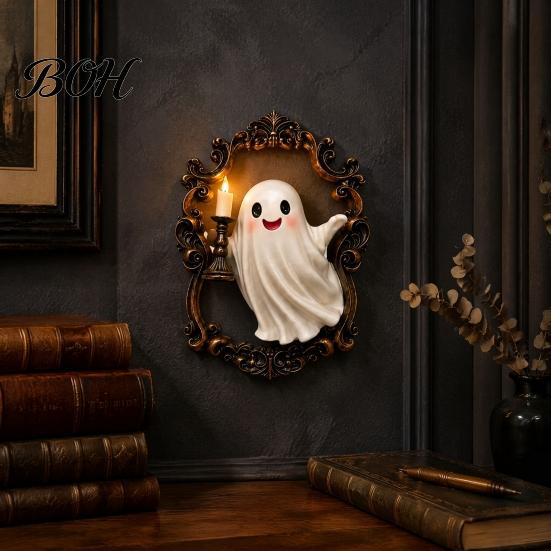 Non Glaring Wall Light Halloween Ghost Lamp, Gothic Resin 3D Frame Art, Retro Vintage Relief Sconce Sculpture with LED Candle for Living Room,